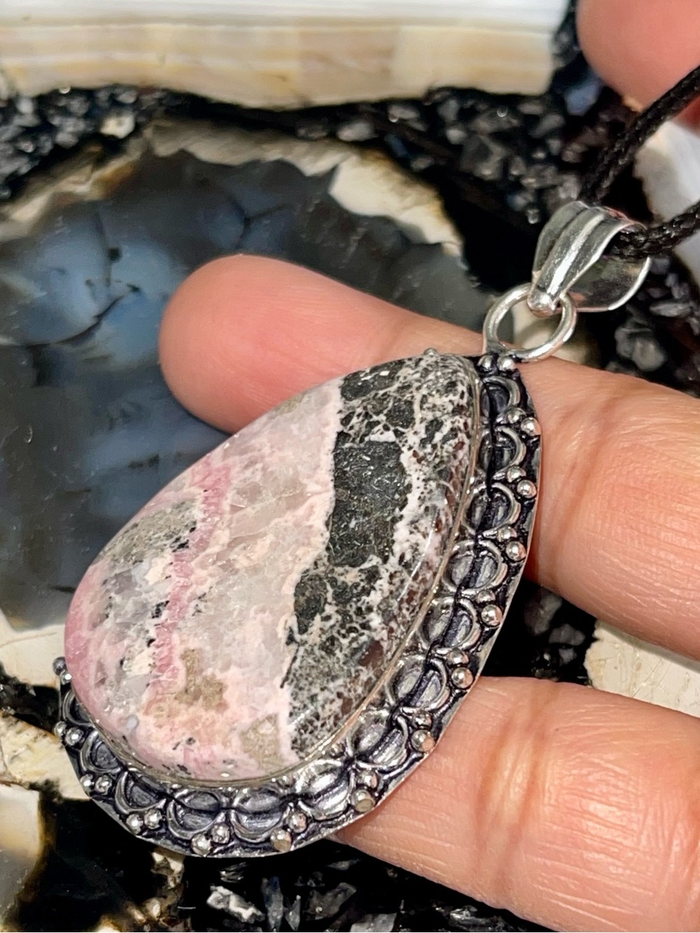 Light Pink Rhodochrosite in Pyrite Crystal Pendant 2 1/2”